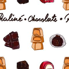 Chocolate candies vector pattern illustration. Delicious praline set pattern with lettering on the white background. Dark chocolate bar, White chocolate caramel candies, strawberry, coffee truffle.
