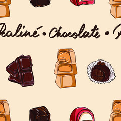 Chocolate candies vector pattern illustration. Delicious praline set pattern with lettering on the cream background. Dark chocolate bar, White chocolate caramel candies, strawberry, coffee truffle.