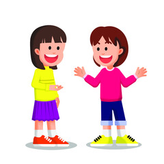 Little girls wearing sweaters are having a chat together