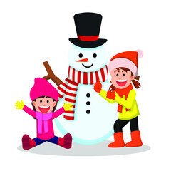 Two cheerful little girls posing with snowman