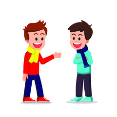 The boys are wearing winter clothes and talking together