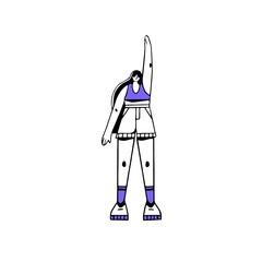 Woman doing morning physical exercise, working out and stretching her arms and shoulders. Person in standing in workout pose at fitness training. Flat vector illustration isolated on white background