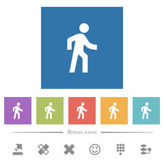 Man walking right flat white icons in square backgrounds