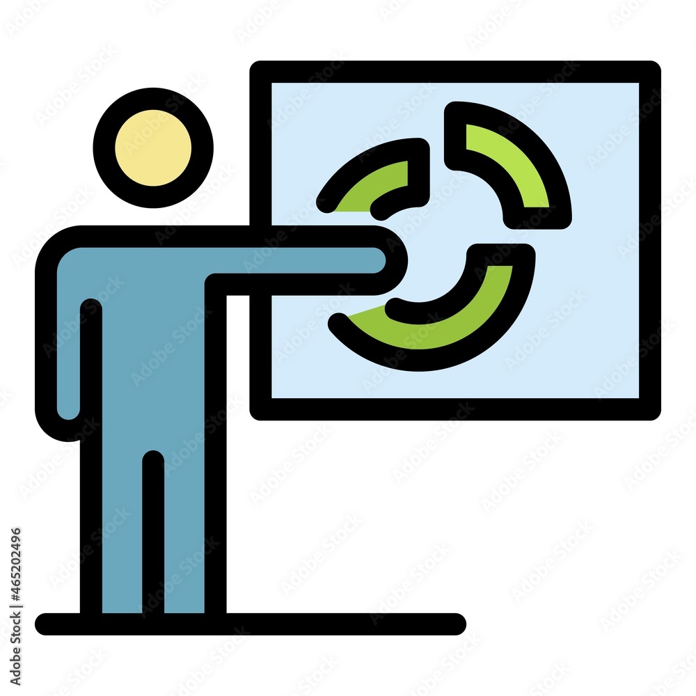 Poster pie chart business training icon. outline pie chart business training vector icon color flat isolate