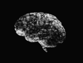Money on the mind. Human brain with cash us dollar texture