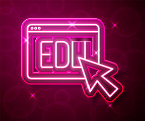 Glowing neon line Online education and graduation icon isolated on red background. Online teacher on monitor. Webinar and video seminar learning. Vector