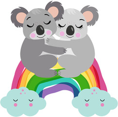 Couple of koalas hugging on rainbow
