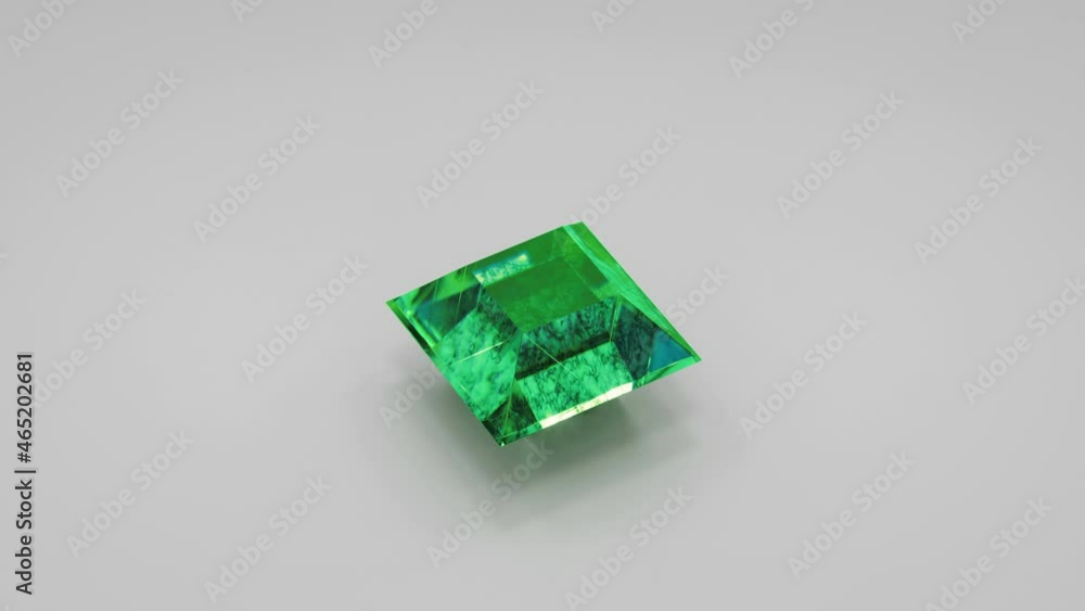 Poster shiny green gemstone rotates closeup. 3d render seamless loop animation
