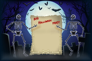 Night background with full moon and skeletons holding Halloween Party invitation poster.