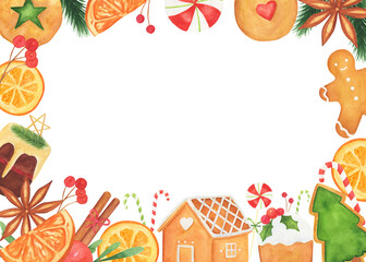Watercolor Christmas sweets, cookies, candy greeting cards isolated on white background. 