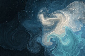 abstract background with smoke, blue turquoise teal fluid art with swirls and stars, sparkles, shimmer, ocean waves, fractal, luxury modern design for interior decoration, paint on liquid surface © NIKACOLDBLUE