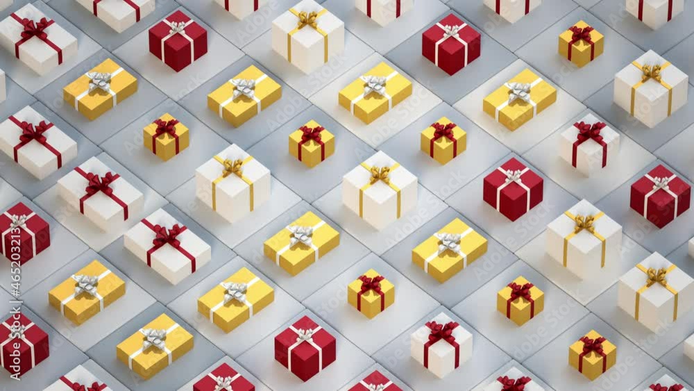 Poster looping animation of turning gift boxes. isometric 3d render