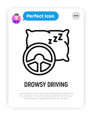 Dowsy driving, steering wheel and pillow thin line icon. Modern vector illustration of danger on road.