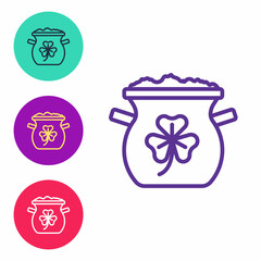 Set line Pot of gold coins icon isolated on white background. Happy Saint Patricks day. National Irish holiday. Set icons colorful. Vector