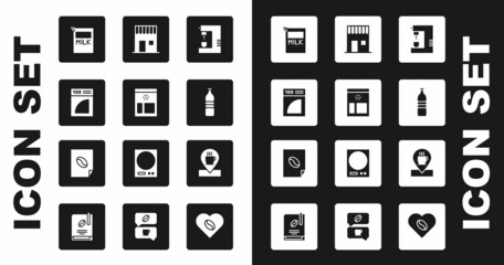 Set Coffee machine, Bag coffee beans, paper filter, Paper package for milk, Bottle water, shop, Location with cup and poster icon. Vector