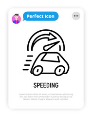 Speeding, car is riding fast, speedometer on maximum. Thin line icon. Vector illustration.