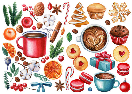 Christmas cookies, cupcake, lollipop, macaroon and cup coffee watercolor drawing, white background. Vintage style food