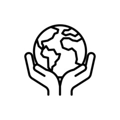 Save world thin line icon, hands holding the Earth. Global warming, environmental pollution. Modern vector illustration.
