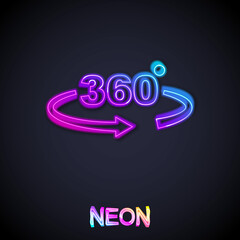 Glowing neon line 360 degree view icon isolated on black background. Virtual reality. Angle 360 degree camera. Panorama photo. Vector