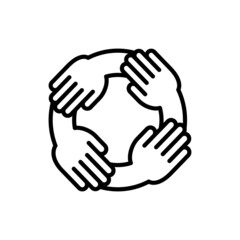 Obraz premium Teamwork, hands holding each other by wrist. Thin line icon. Collaboration, support, solidarity, effective work in group. Vector illustration.