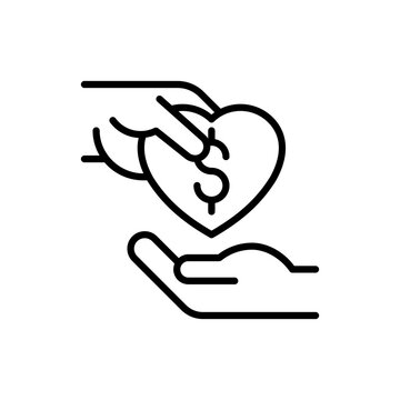 Interclass tolerance thin line icon: one hand donates to other. Symbol of charity for destitute. Modern vector illustration.