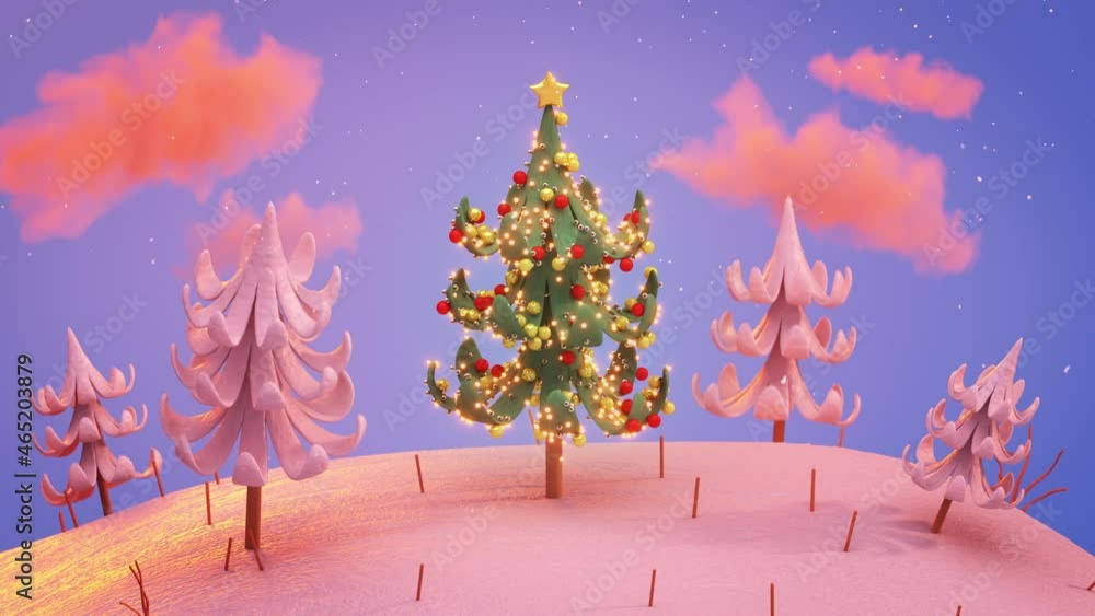 Poster decorated christmas tree with snowfall. winter holidays cartoon style 3d render seamless loop animat