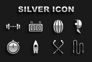 Set Surfboard, Fencing helmet mask, Jump rope, Ice hockey sticks, Stopwatch, Rugby ball, Dumbbell and Sport mechanical scoreboard icon. Vector