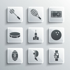 Set Fencing helmet mask, Smart watch showing heart beat rate, Bowling ball, Dart arrow, American Football, Hockey puck, Tennis racket and Billiard table icon. Vector
