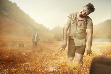 Scary zombies with blood and wound on his body walking
