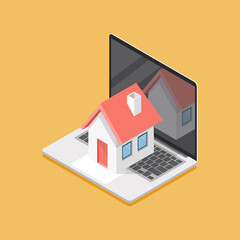 House icon on laptop screen isometric view