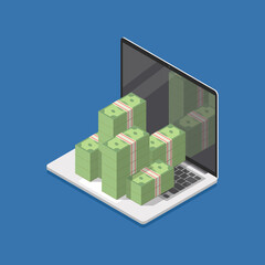 Pile of money on laptop isometric view