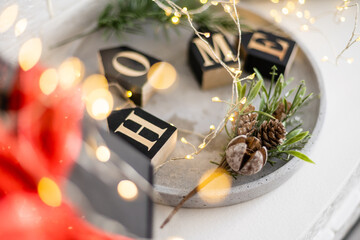 Sweet home. White Christmas decor on vintage natural wooden background.