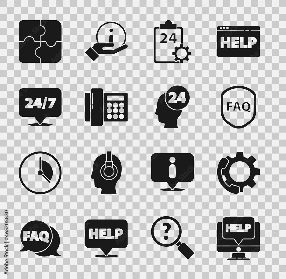 Poster set computer monitor and help, telephone 24 hours support, shield with text faq, checklist service, 