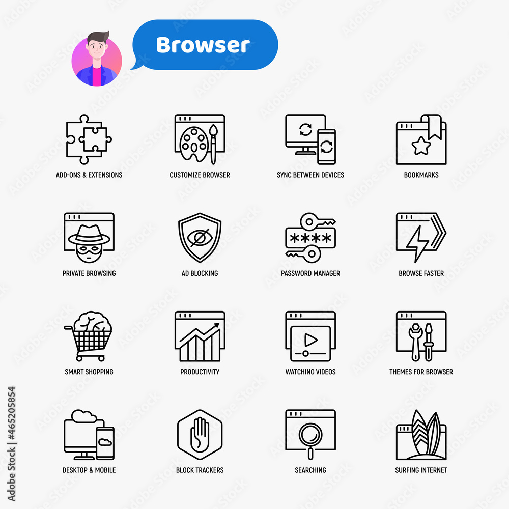 Poster browser thin line icons set: add-ons, extension, customize browser, sync between devices, bookmark, 