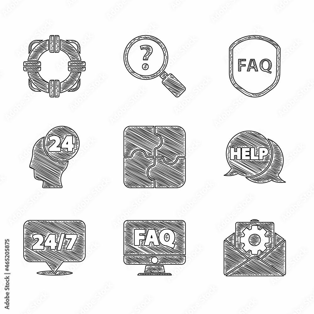 Poster set piece of puzzle, computer monitor and faq, envelope setting, speech bubble with text help, clock