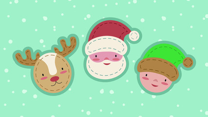 Set of three Christmas stickers: reindeer, Santa, Christmas elf.