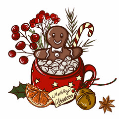 christmas card with gingerbread man and cocoa.