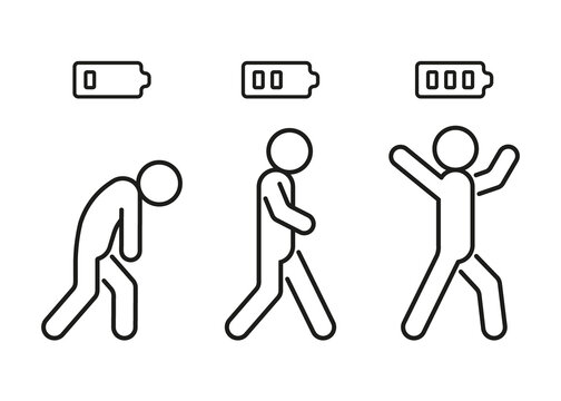 Set level energy person with battery from low tired in full happy, line icon. People with low charge and lack battery energy and human strong power sign with high energy. Burnout, stress. Vector