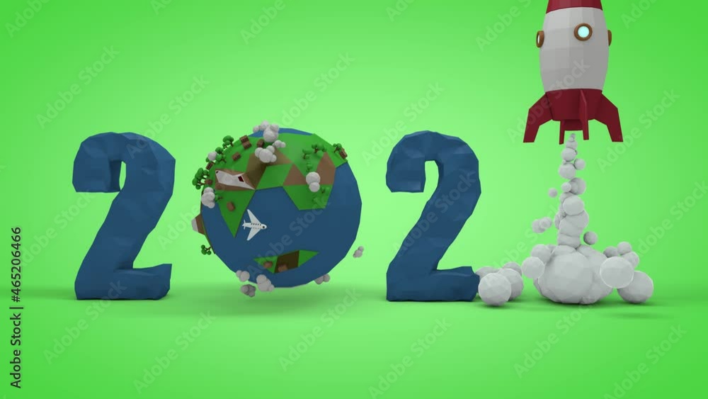 Poster low-poly 3d new year's eve animation of the new year 2022 with a space rocket and the planet earth. 