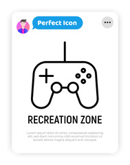 Recreation zone, gaming thin line icon. Gamepad, symbol of video game. Vector illustration.