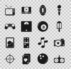 Set Gamepad, Photo camera, Ice cream, American Football ball, Bathroom scales, Retro tv and Billiard pool snooker icon. Vector
