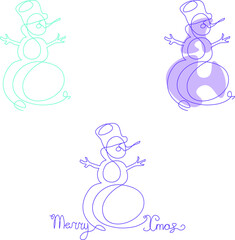 Set of outline winter snowman contour drawing and Merry Xmas handwriting