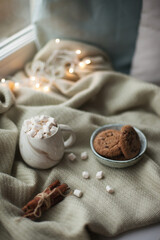 A cup of hot coffee with marshmallows and chocolate chip cookies on the blanket with christmas lights
