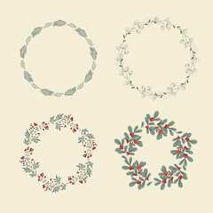 Vector collection of whimsical Christmas wreaths. Traditional holiday decoration, season greetings template. Botanical design elements. Winter foliage, elegant floral background.
