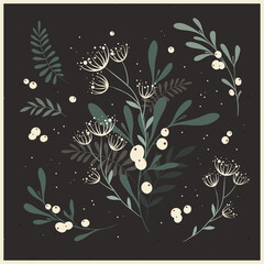 Winter foliage. Whimsical vector collection of Christmas floral arrangements and plants, branches and berries. Vintage bouquets, botanical elements for holiday and wedding design, greeting cards, invi