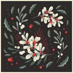 Winter foliage. Whimsical vector collection of Christmas floral arrangements and plants, branches and berries. Vintage bouquets, botanical elements for holiday and wedding design, greeting cards, invi