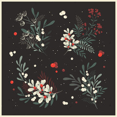 Winter foliage. Whimsical vector collection of Christmas floral arrangements and plants, branches and berries. Vintage bouquets, botanical elements for holiday and wedding design, greeting cards, invi