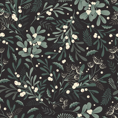 Whimsical winter foliage background. Vintage Christmas and Happy New Year flat seamless pattern, great for christmas textiles, banners, wrapping paper, wallpaper. Vector xmas design.
