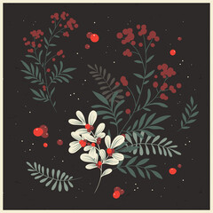 Winter foliage. Whimsical vector collection of Christmas floral arrangements and plants, branches and berries. Vintage bouquets, botanical elements for holiday and wedding design, greeting cards, invi