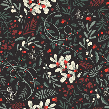 Fototapeta Whimsical winter foliage background. Vintage Christmas and Happy New Year flat seamless pattern, great for christmas textiles, banners, wrapping paper, wallpaper. Vector xmas design.
